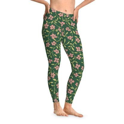 Floral Vines Leggings — Green Pink All-Over-Print Woman's Leggings Printify
