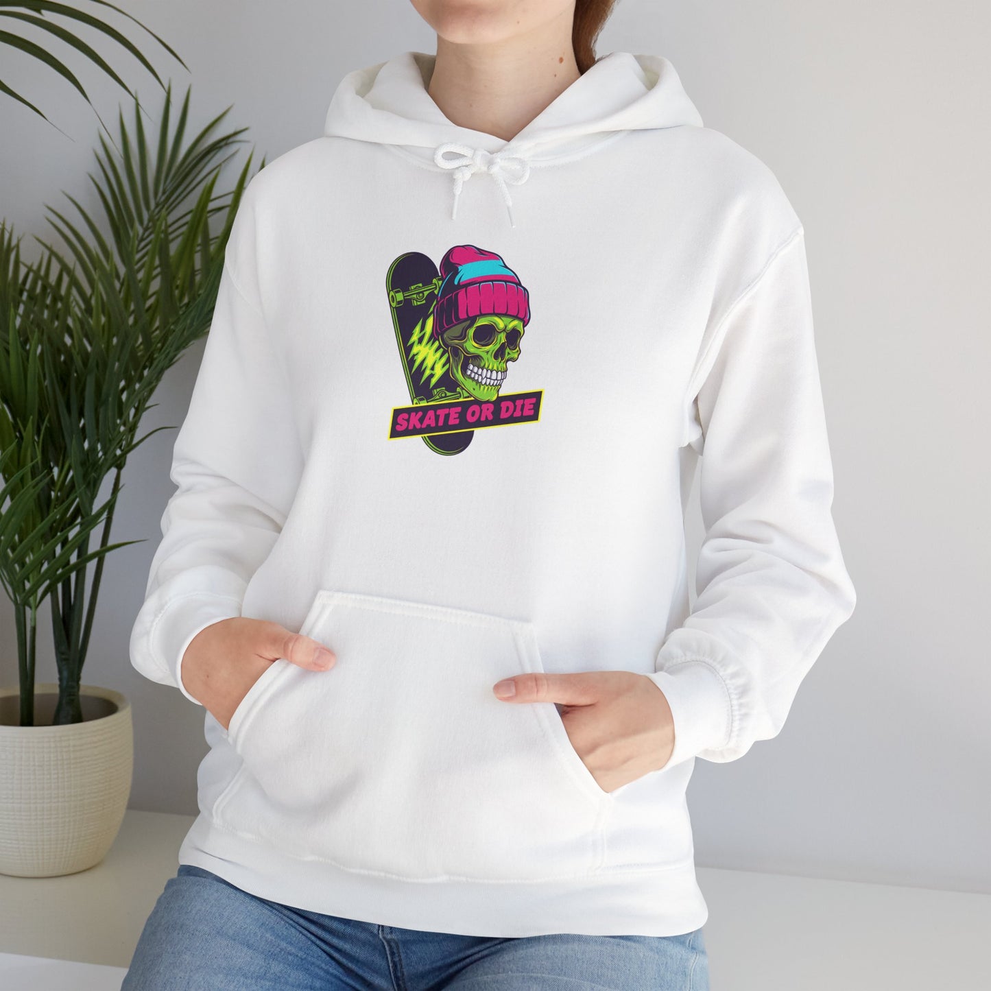 Skate or Die Skull Skateboard Hoodie — Neon Retro Skull Beanie Design Printify
