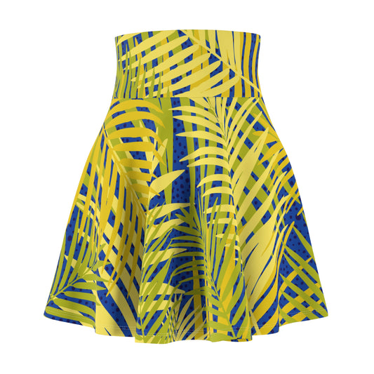 Tropical Palm Print Skater Skirt — Yellow & Navy AOP