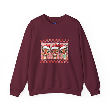 Christmas Reindeer Trio Crewneck Sweatshirt – Cute Santa Hat Holiday Sweater Printify