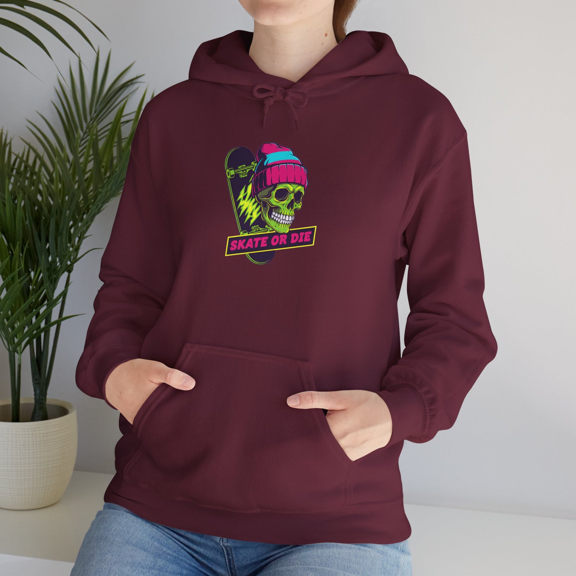 Skate or Die Skull Skateboard Hoodie — Neon Retro Skull Beanie Design Printify