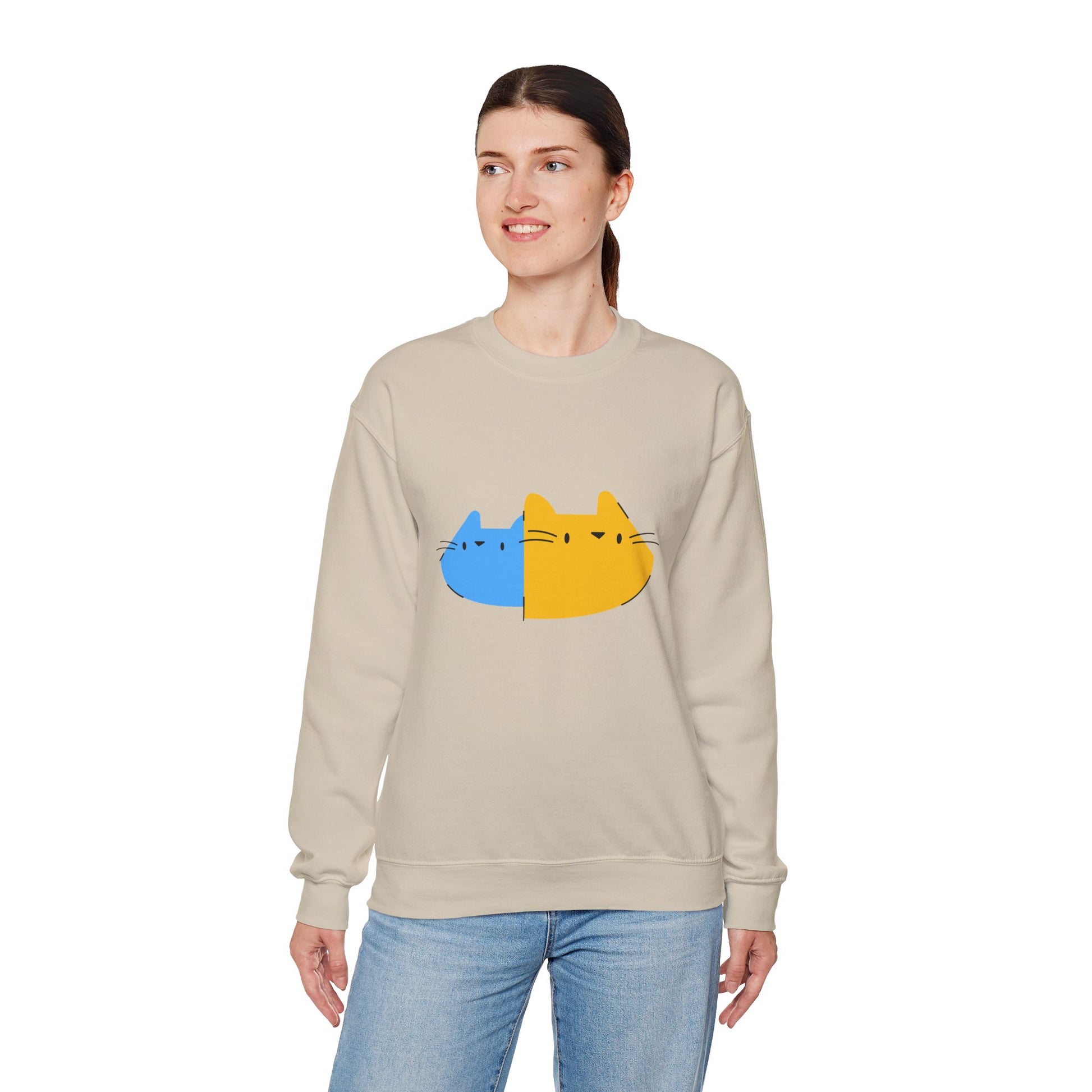Cat Split Face Crewneck Sweatshirt – Cute Blue & Yellow Cat Graphic Printify