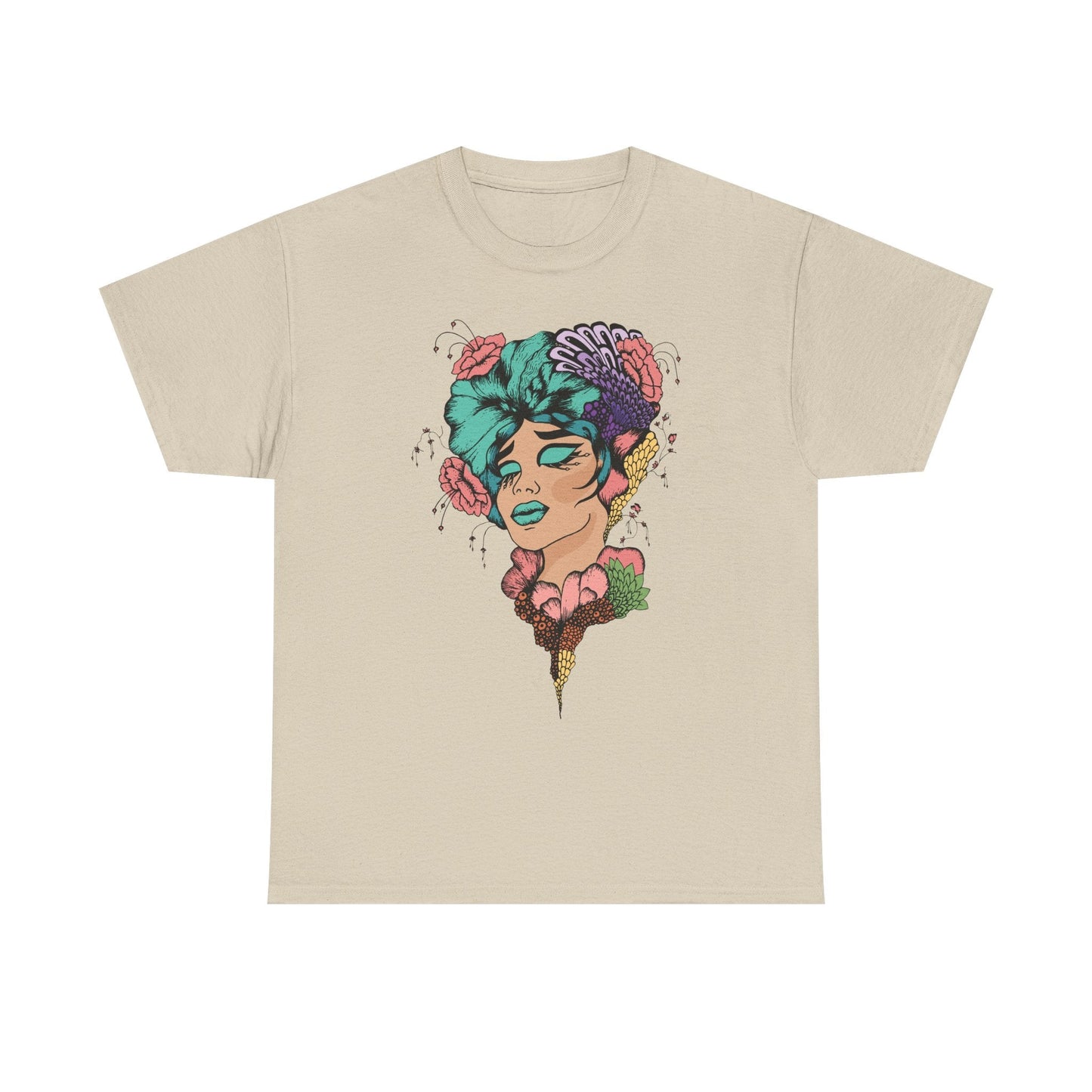 Surreal Floral Portrait T-Shirt — Colorful Woman Head Art Tee Printify