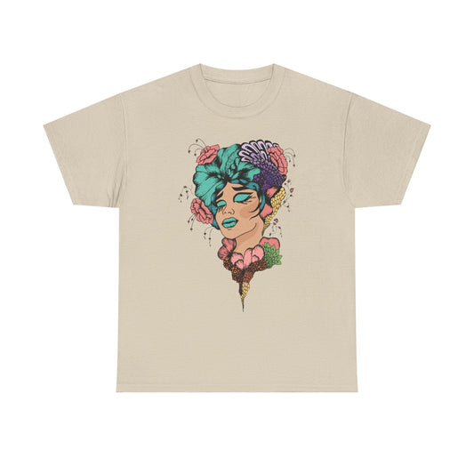Surreal Floral Portrait T-Shirt — Colorful Woman Head Art Tee Printify