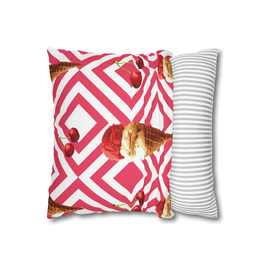 Ice Cream & Cherries Decorative Pillowcase — Pink Geometric Throw Pillow Cover Printify