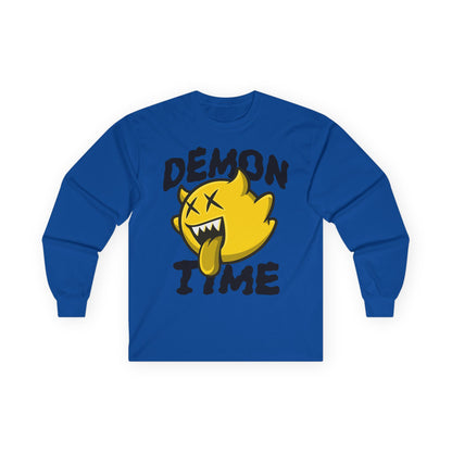 Long Sleeve Tee — "Demon Time" Yellow Cartoon Demon Graphic T-shirt Printify