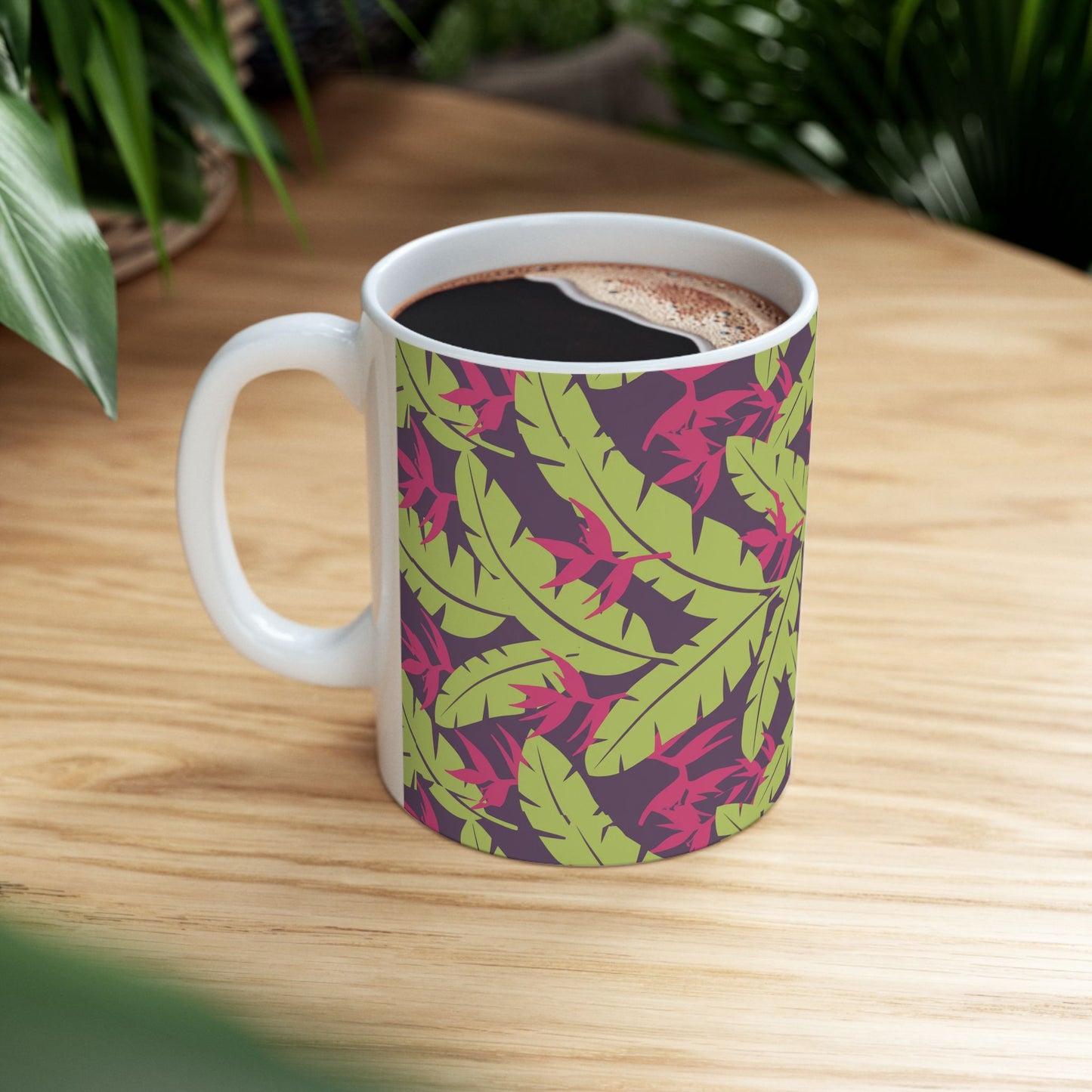 Tropical Leaf Pattern Ceramic Mug — Green & Pink Botanical Coffee Cup (11oz/15oz) Printify