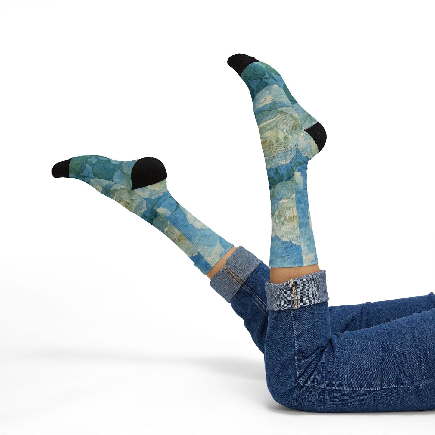 Floral Blue Rose Sublimation Socks — Artistic Vintage Garden Crew Socks Printify