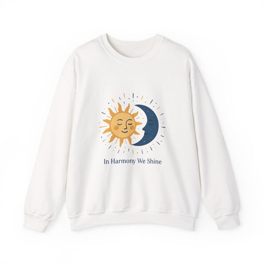 Sun and Moon Crewneck Sweatshirt — "In Harmony We Shine" Cozy Astrology Pullover Printify
