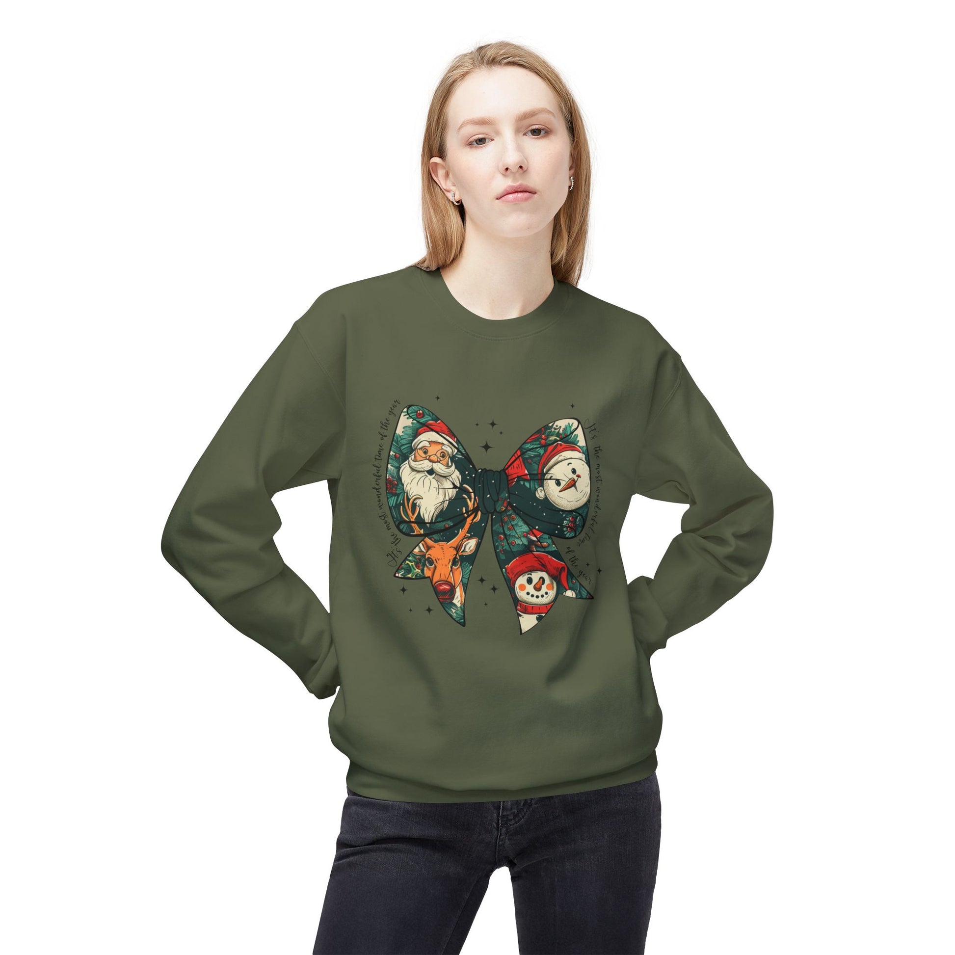 Christmas Bow Sweatshirt — Vintage Santa & Snowman Holiday Crewneck Printify