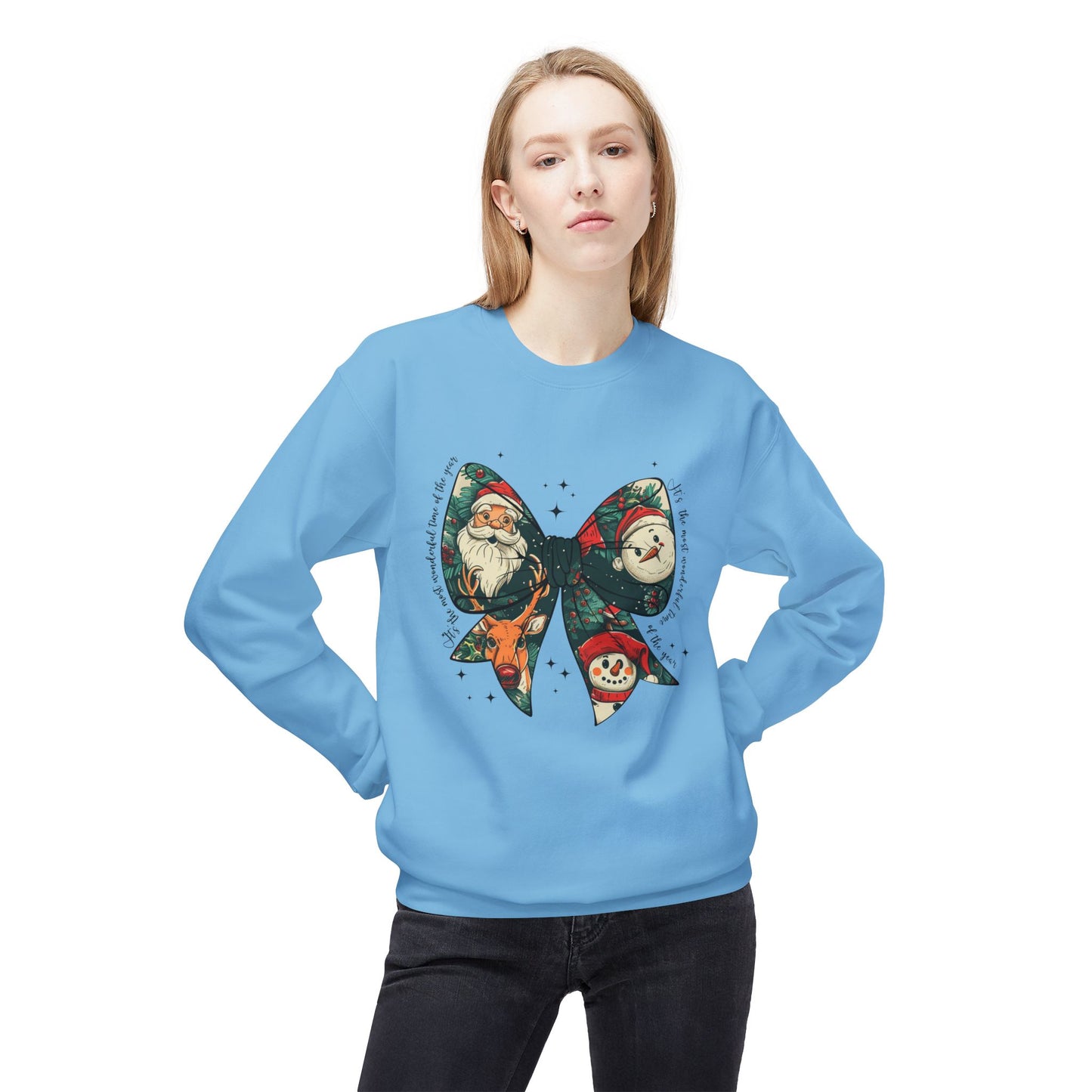 Christmas Bow Sweatshirt — Vintage Santa & Snowman Holiday Crewneck Printify