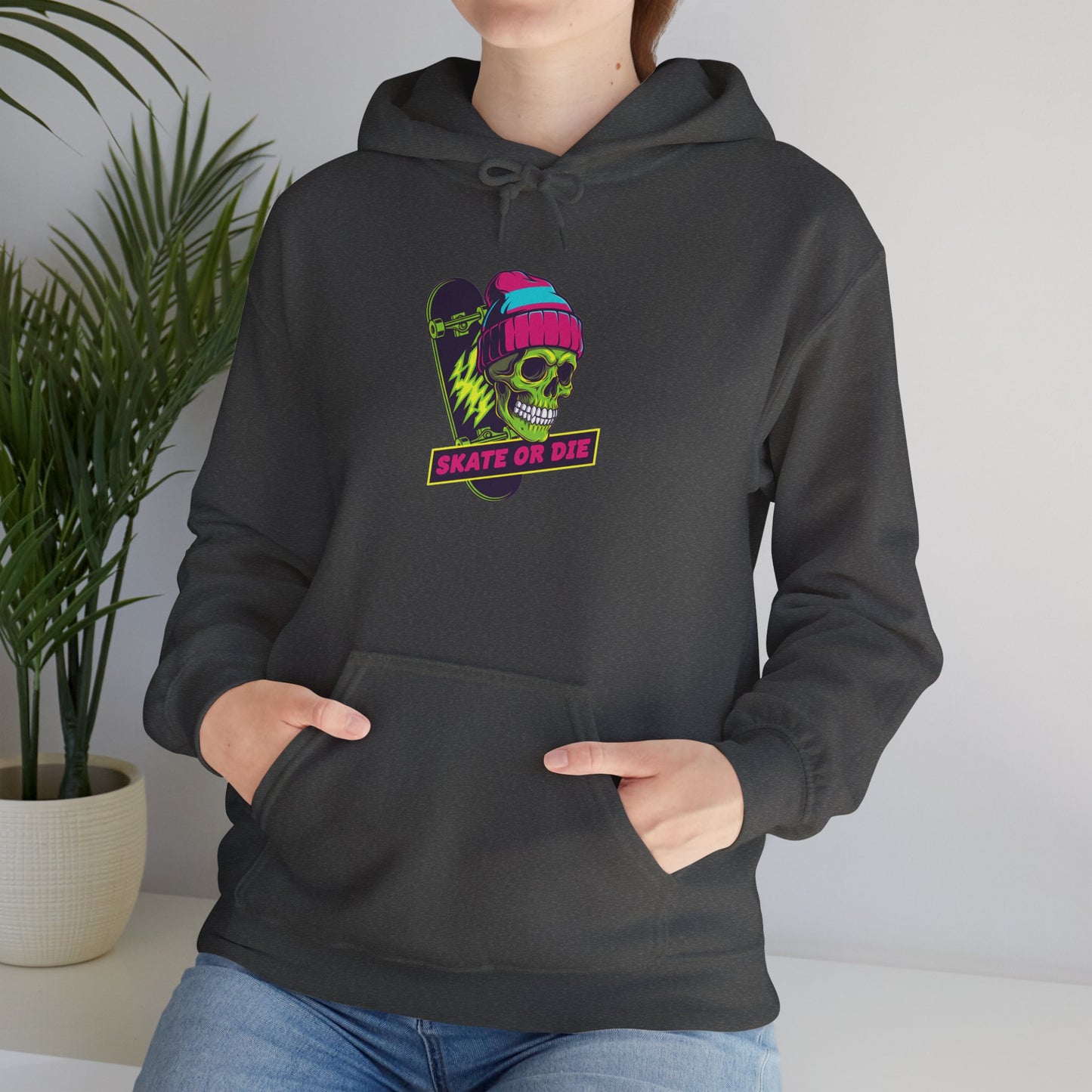 Skate or Die Skull Skateboard Hoodie — Neon Retro Skull Beanie Design Printify