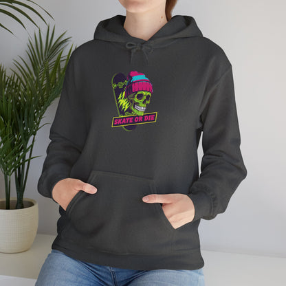 Skate or Die Skull Skateboard Hoodie — Neon Retro Skull Beanie Design Printify