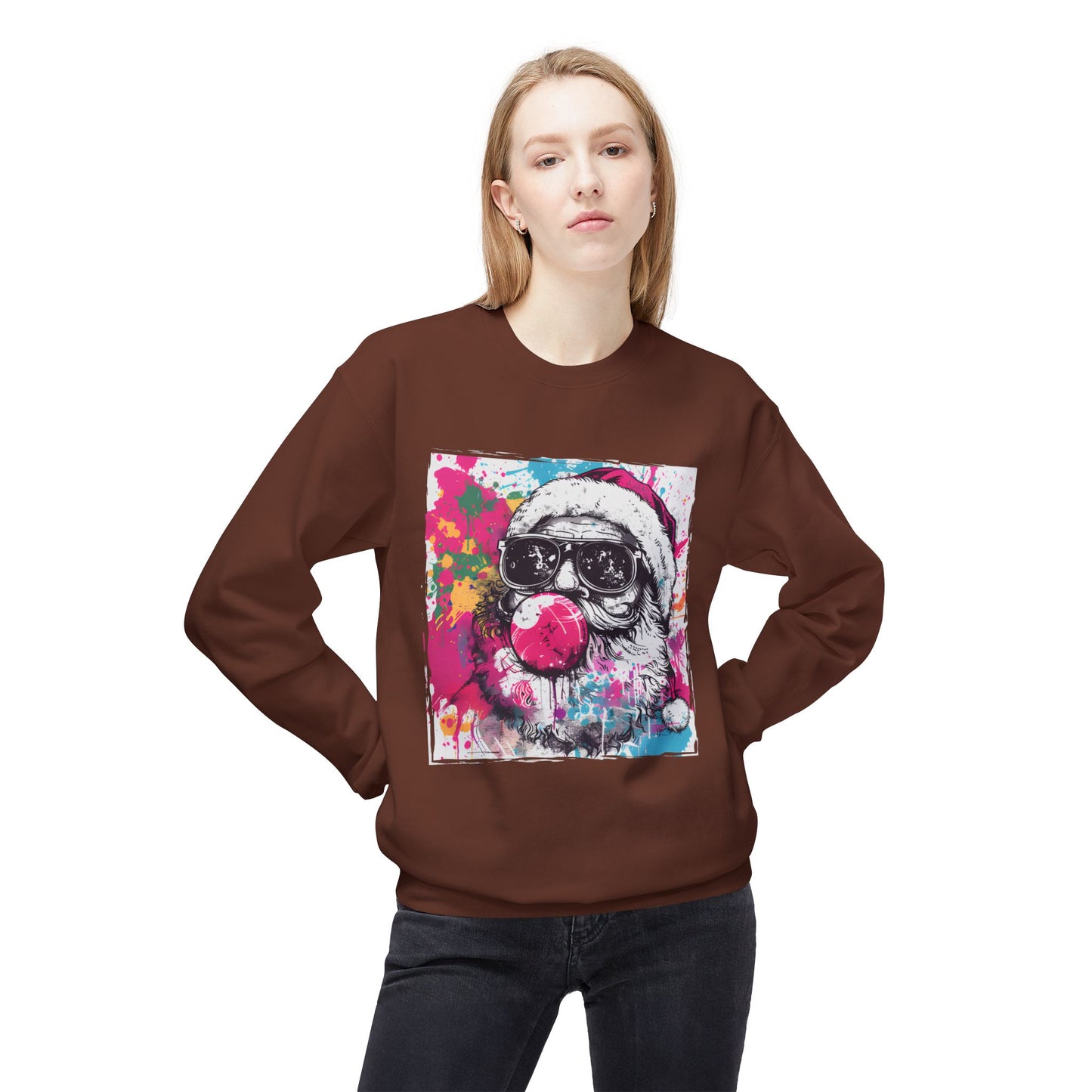 Skull Santa Bubblegum Sweatshirt – Colorful Holiday Graphic Crewneck Printify