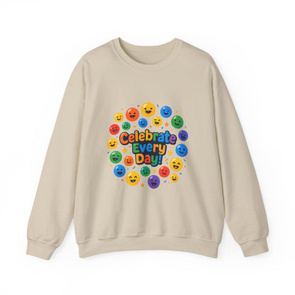 Celebrate Every Day Crewneck Sweatshirt — Rainbow Smiley Graphic Printify