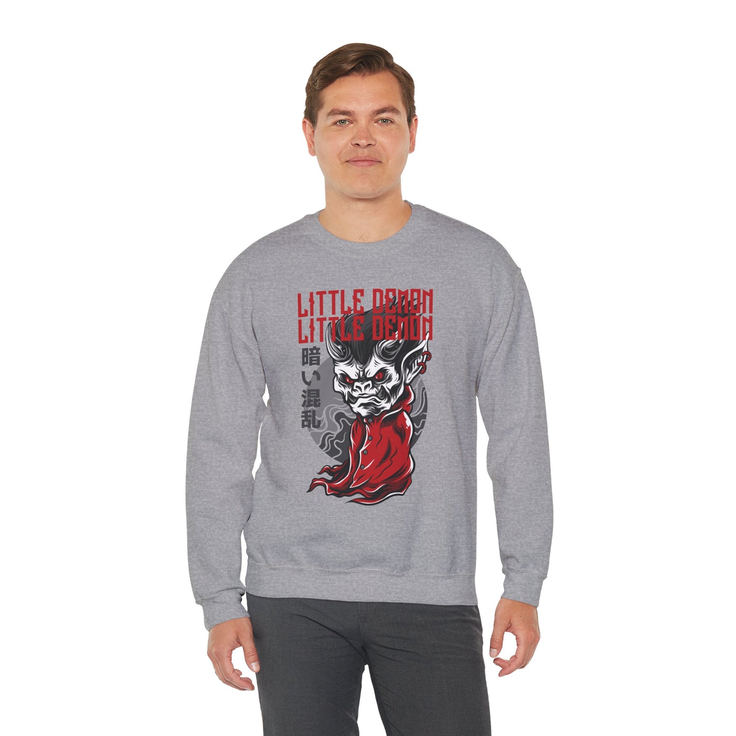 Little Demon Crewneck Sweatshirt — Gothic Oni Skull Pullover Printify