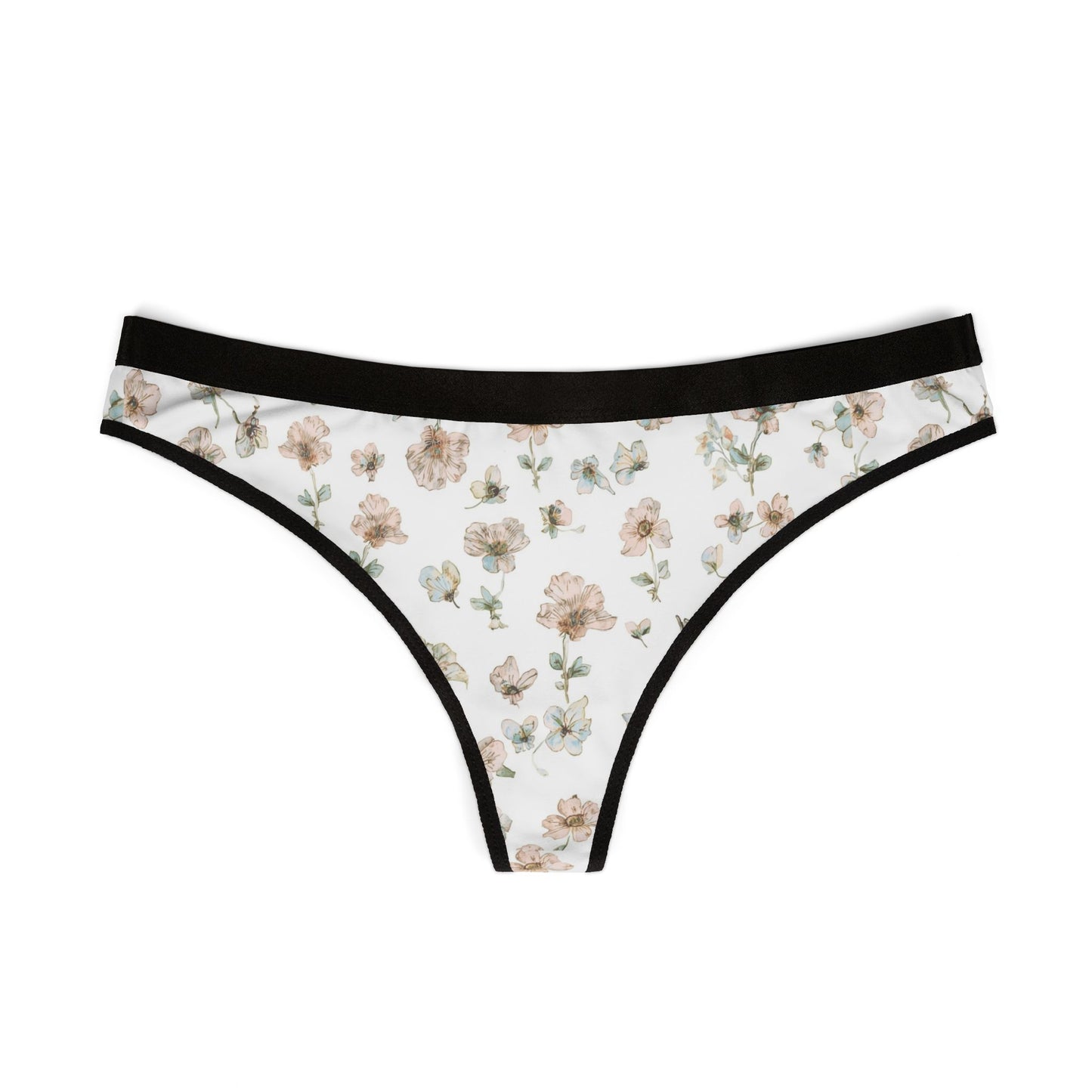 Floral Lace-Trim Thong Panties — Vintage Rose Print Women’s Underwear