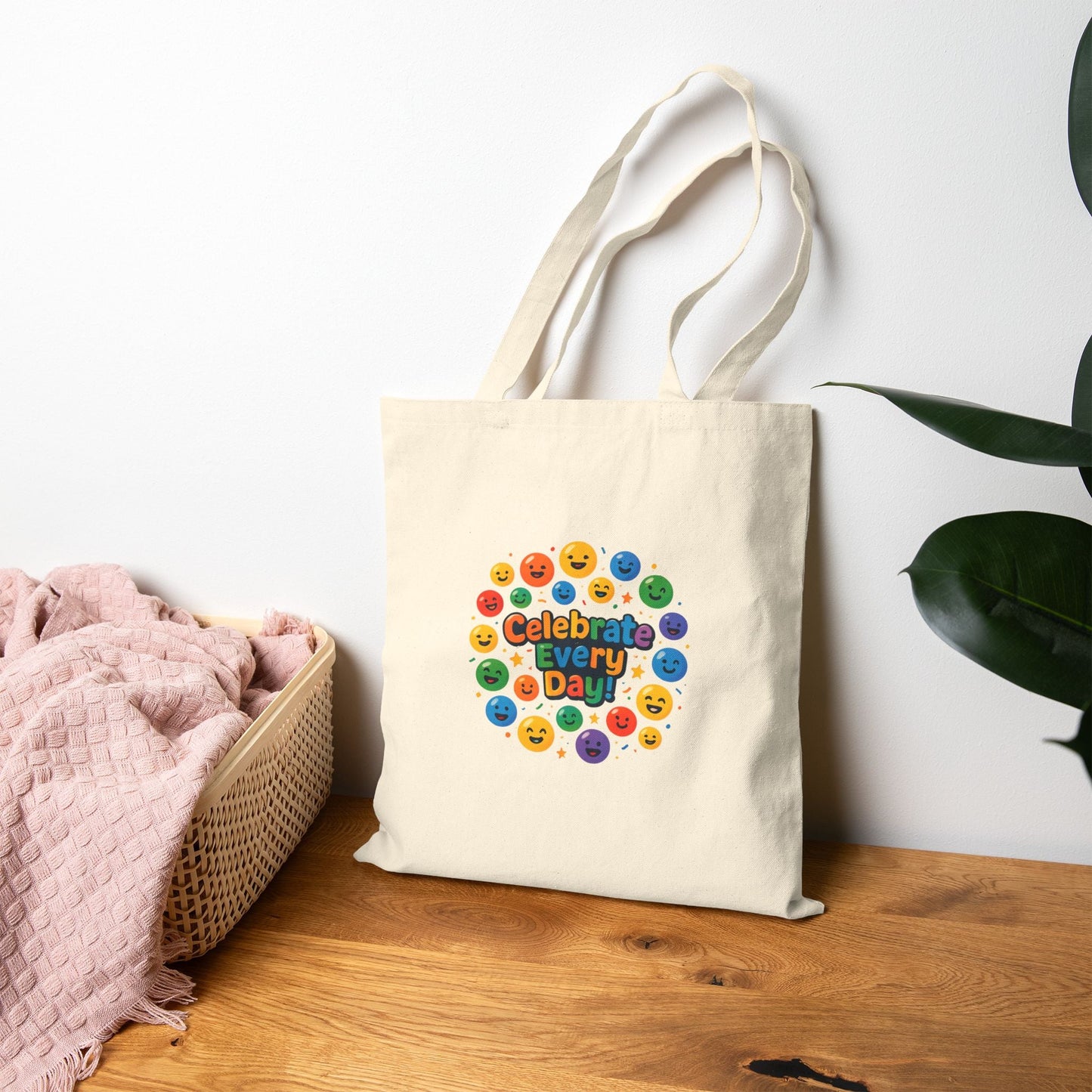 Tote Bag - "Celebrate Every Day" Rainbow Smiley Canvas Tote Printify
