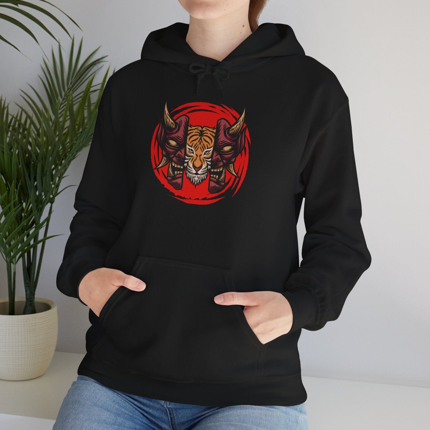 Tiger Demon Hoodie – Red Circle Oni Mask Graphic Printify
