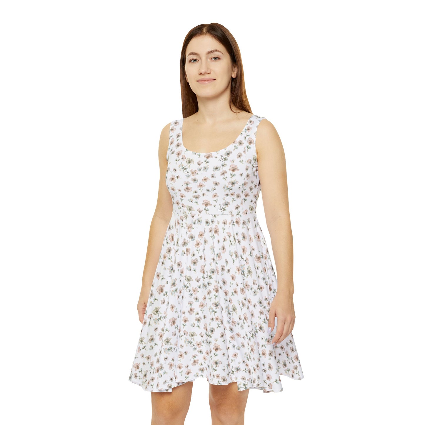 Floral Ditsy Skater Dress — White Summer Sundress with Small Wildflower Print