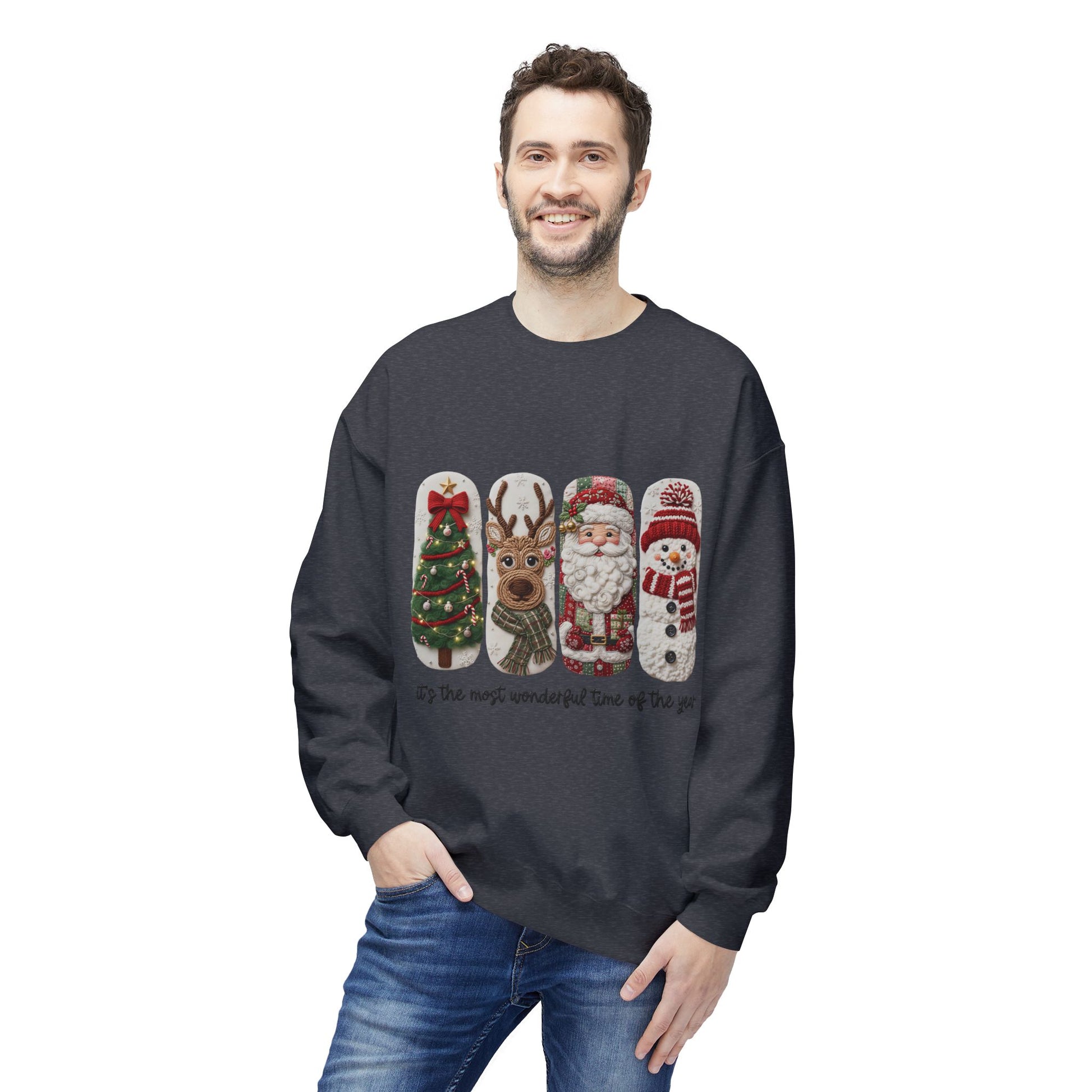 Christmas Crewneck Sweatshirt — Festive Tree Reindeer Santa Snowman Design Printify