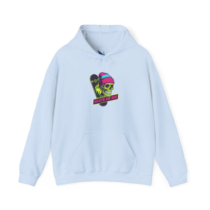Skate or Die Skull Skateboard Hoodie — Neon Retro Skull Beanie Design Printify