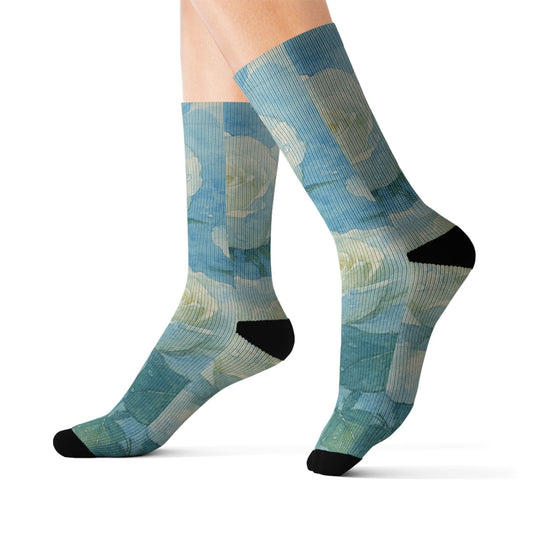 Floral Blue Rose Sublimation Socks — Artistic Vintage Garden Crew Socks Printify