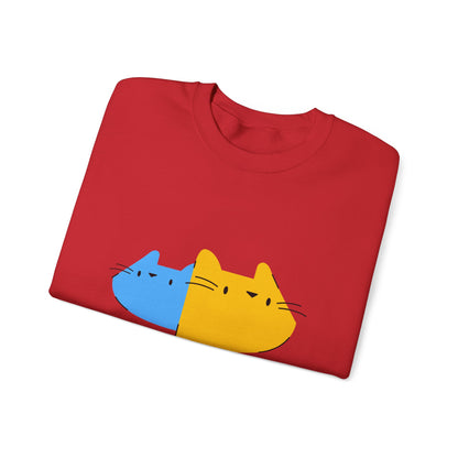 Cat Split Face Crewneck Sweatshirt – Cute Blue & Yellow Cat Graphic Printify