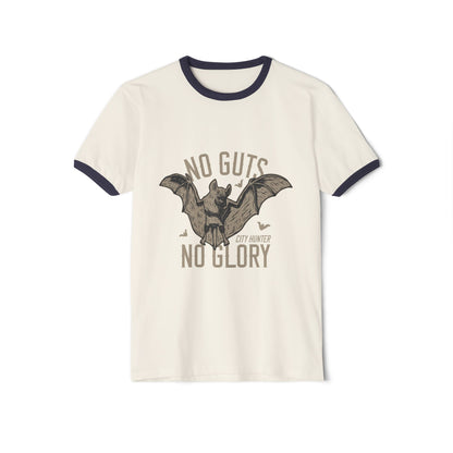 Bat Hunter Ringer Tee — "No Guts No Glory" Vintage Graphic T-Shirt Printify