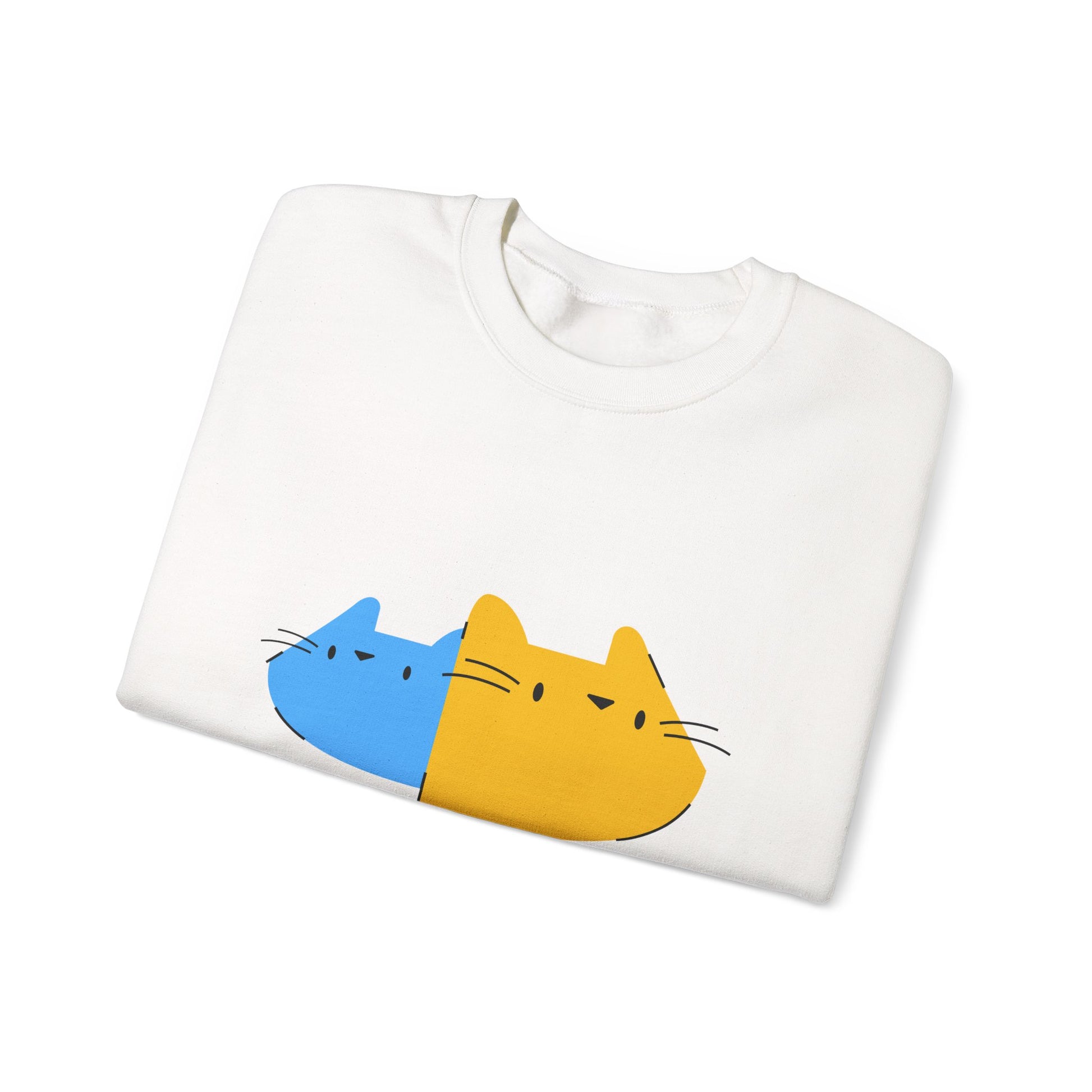 Cat Split Face Crewneck Sweatshirt – Cute Blue & Yellow Cat Graphic Printify