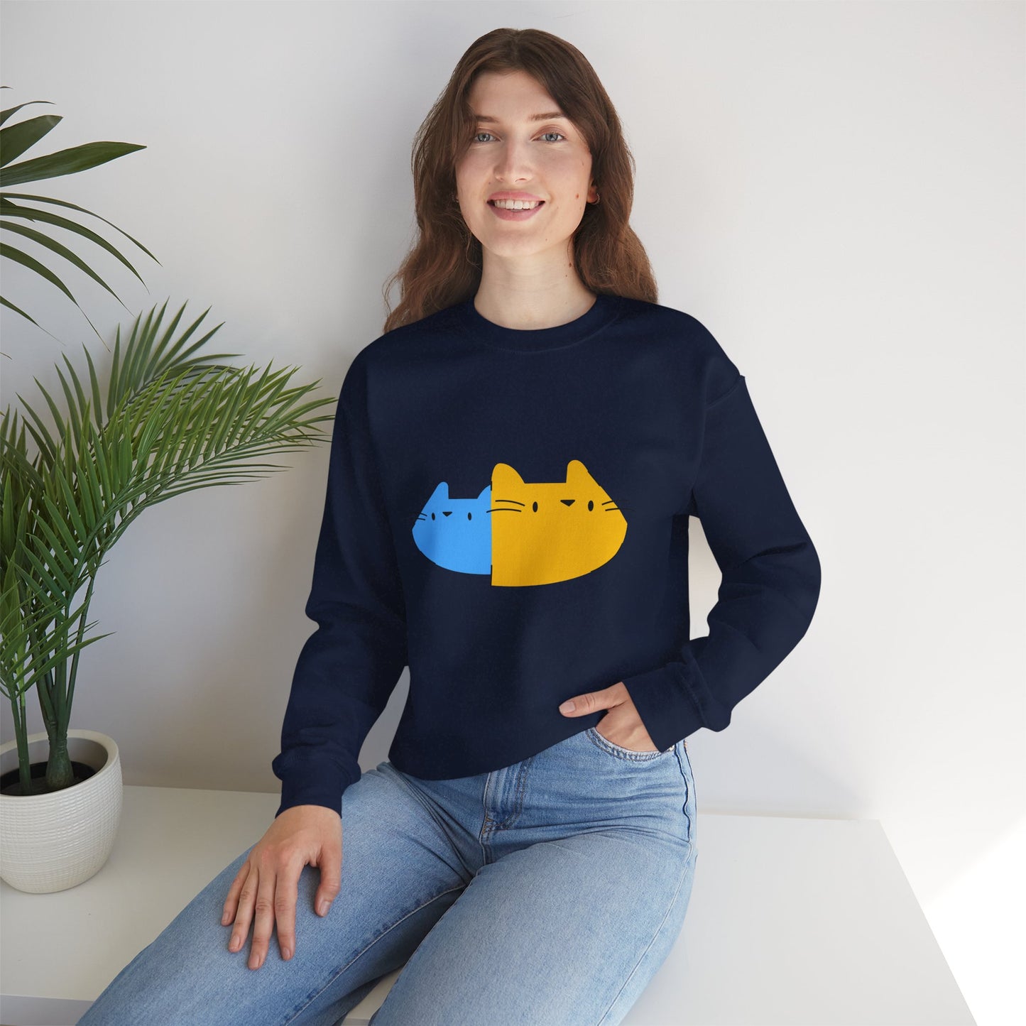 Cat Split Face Crewneck Sweatshirt – Cute Blue & Yellow Cat Graphic Printify