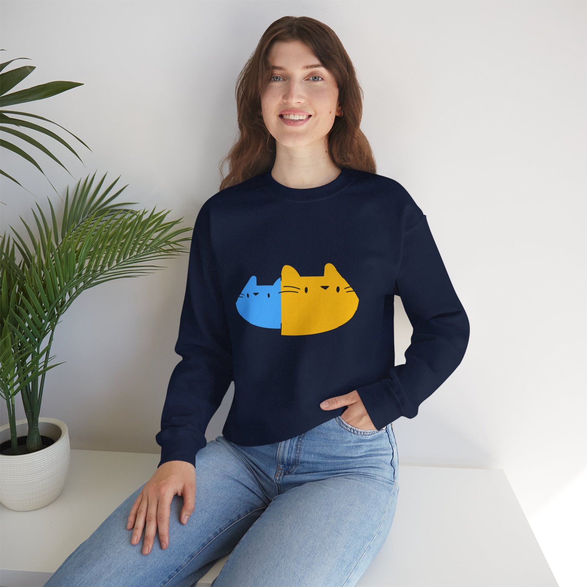 Cat Split Face Crewneck Sweatshirt – Cute Blue & Yellow Cat Graphic Printify