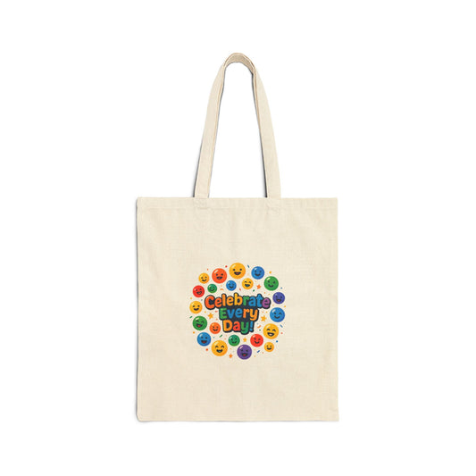 Tote Bag - "Celebrate Every Day" Rainbow Smiley Canvas Tote Printify