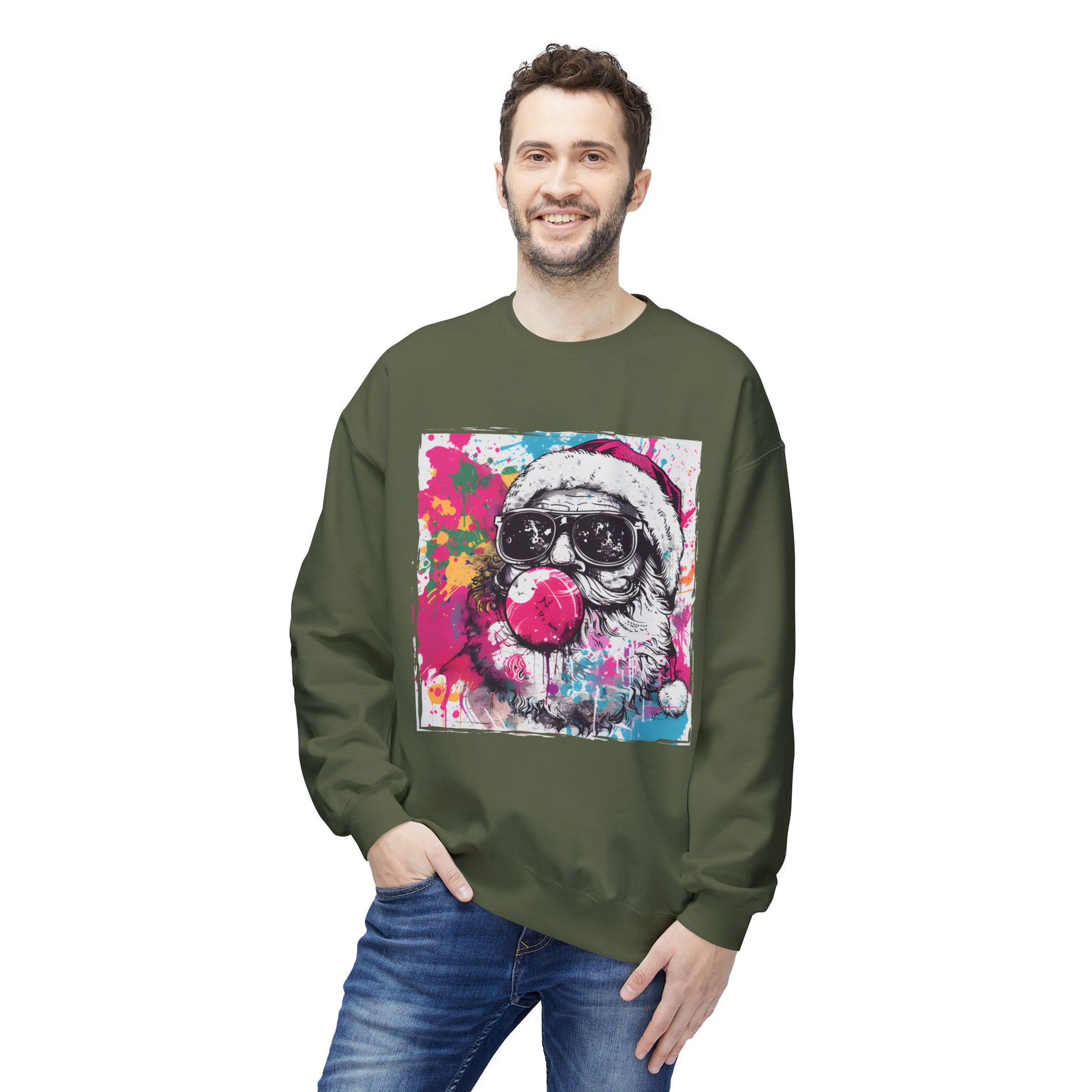 Skull Santa Bubblegum Sweatshirt – Colorful Holiday Graphic Crewneck Printify