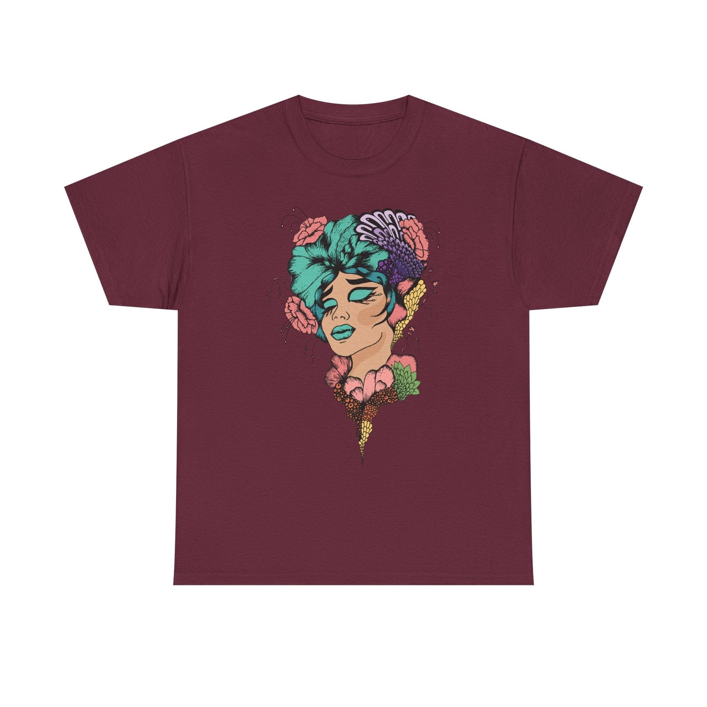 Surreal Floral Portrait T-Shirt — Colorful Woman Head Art Tee Printify