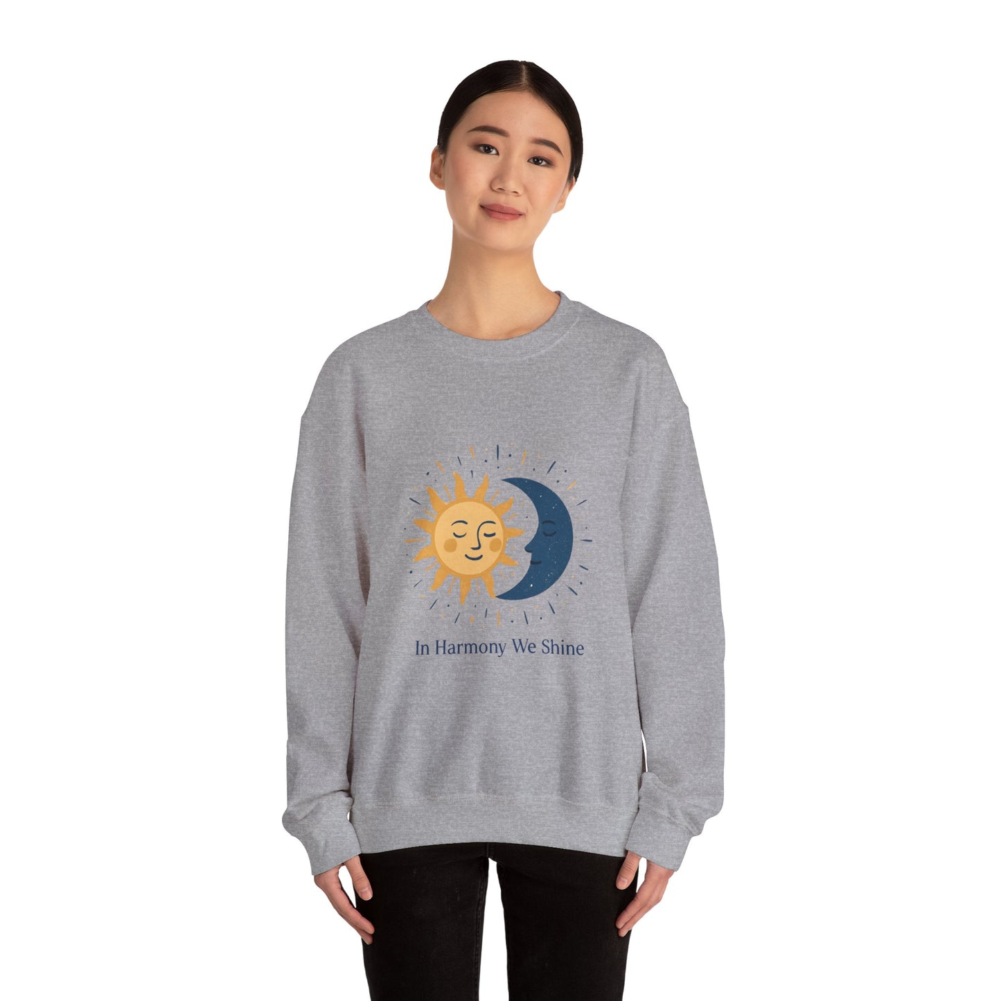 Sun and Moon Crewneck Sweatshirt — "In Harmony We Shine" Cozy Astrology Pullover Printify