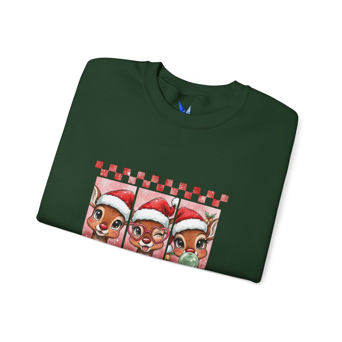Christmas Reindeer Trio Crewneck Sweatshirt – Cute Santa Hat Holiday Sweater Printify
