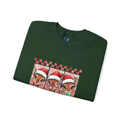 Christmas Reindeer Trio Crewneck Sweatshirt – Cute Santa Hat Holiday Sweater Printify