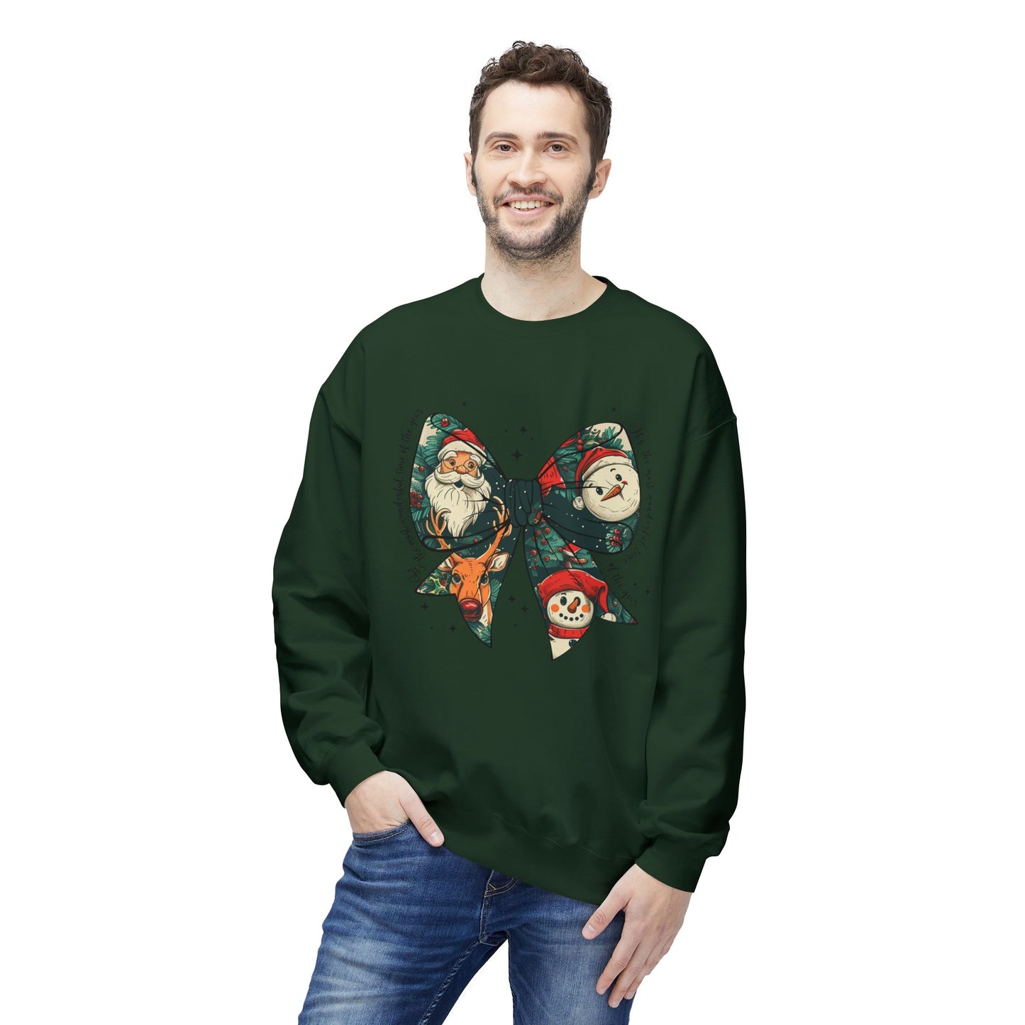 Christmas Bow Sweatshirt — Vintage Santa & Snowman Holiday Crewneck Printify