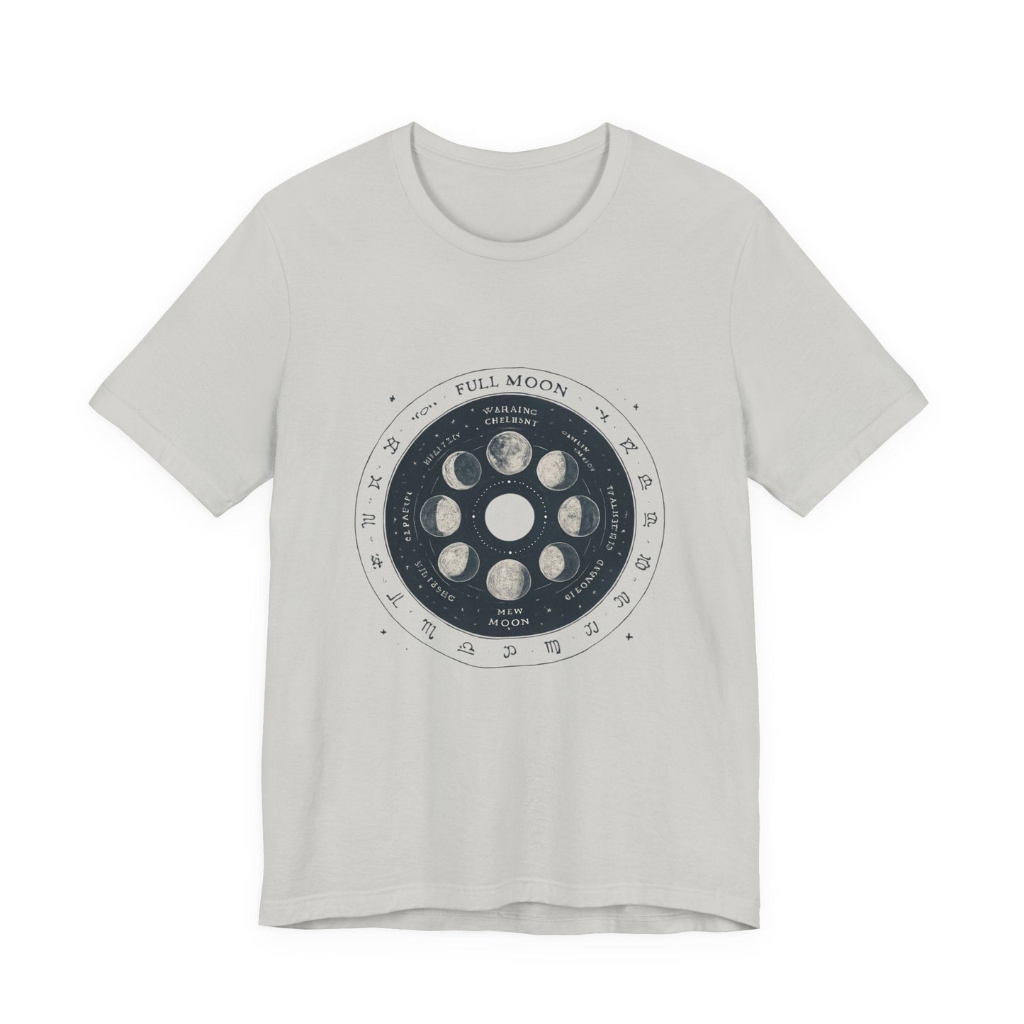 Moon Phases T-Shirt — Illustrated Lunar Cycle Tee (Full Moon, New Moon & Zodiac Icons) Printify
