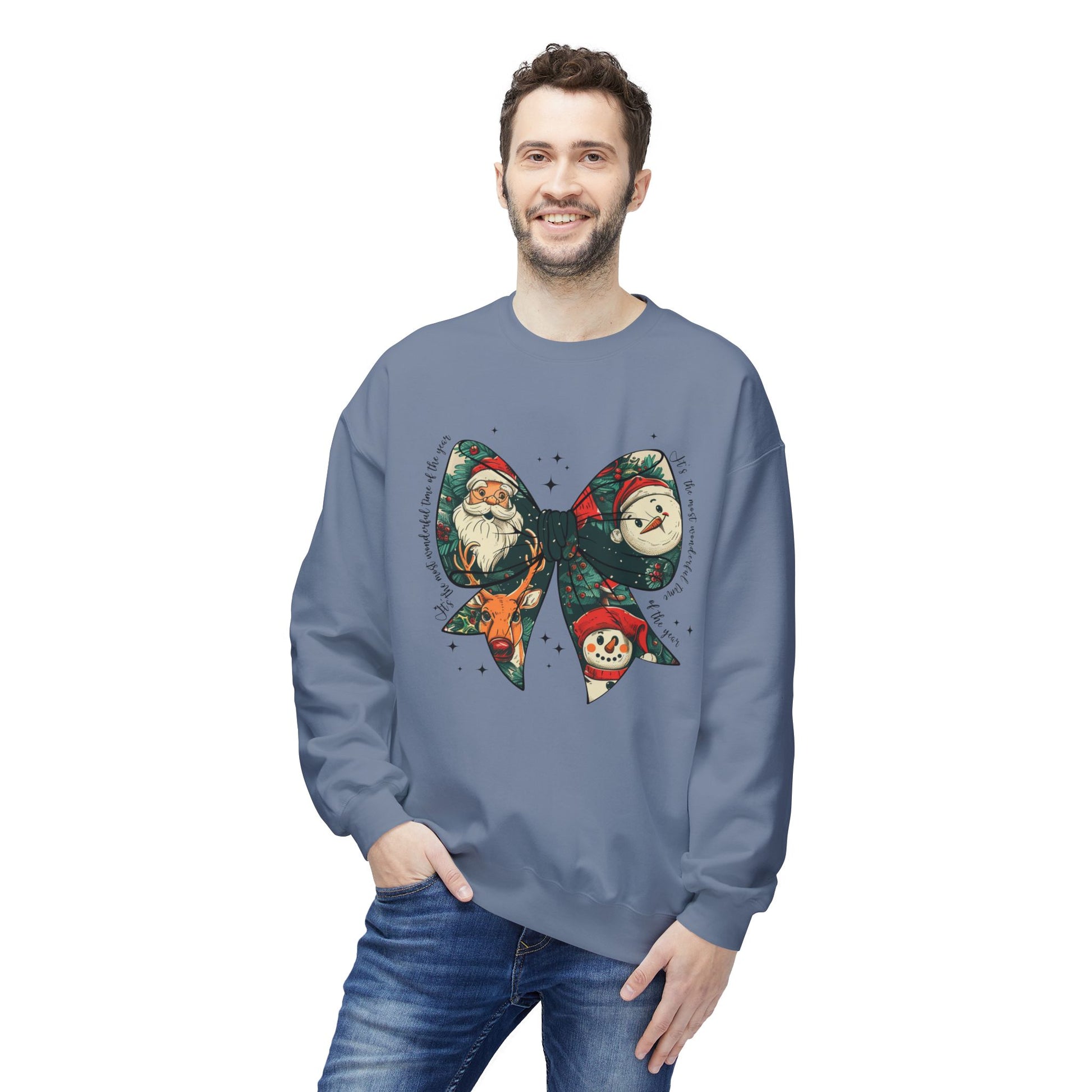 Christmas Bow Sweatshirt — Vintage Santa & Snowman Holiday Crewneck Printify
