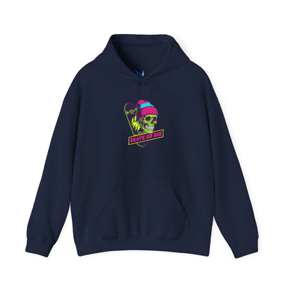 Skate or Die Skull Skateboard Hoodie — Neon Retro Skull Beanie Design Printify