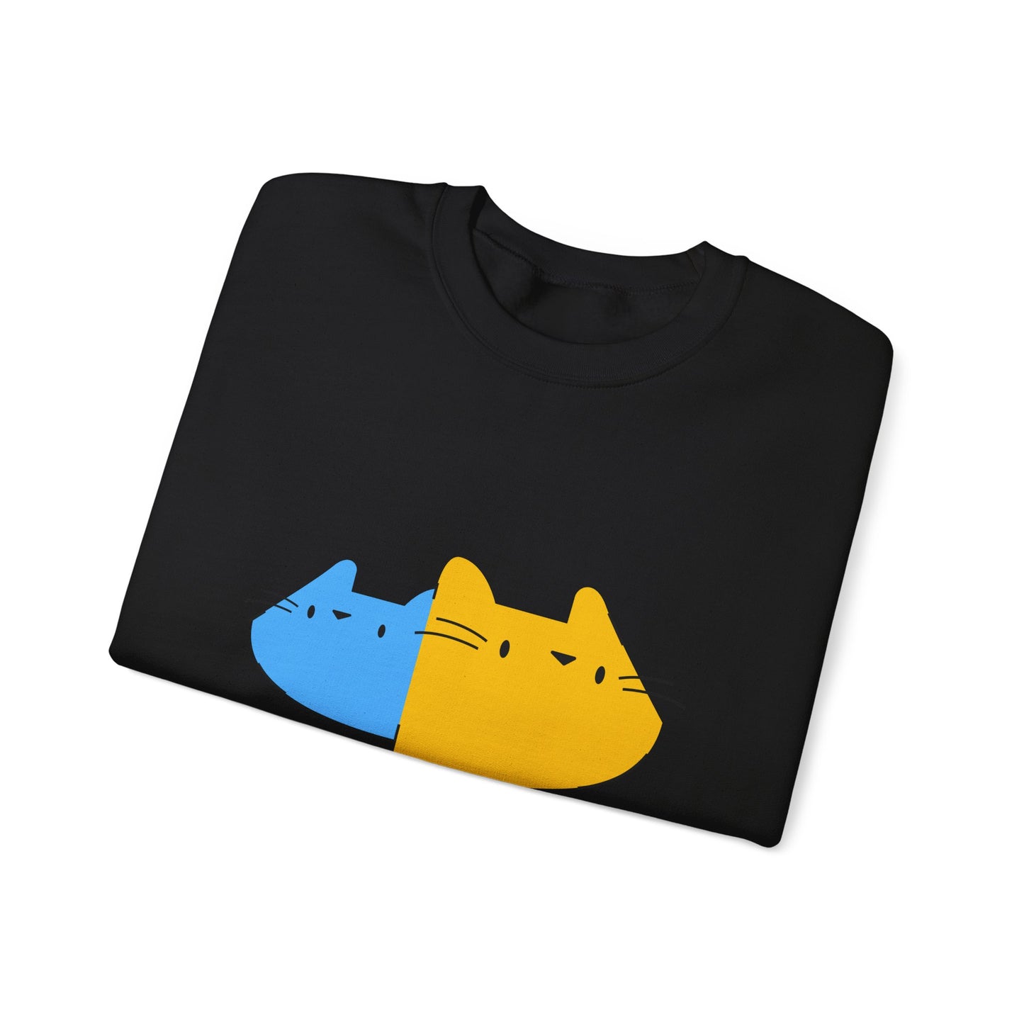 Cat Split Face Crewneck Sweatshirt – Cute Blue & Yellow Cat Graphic Printify