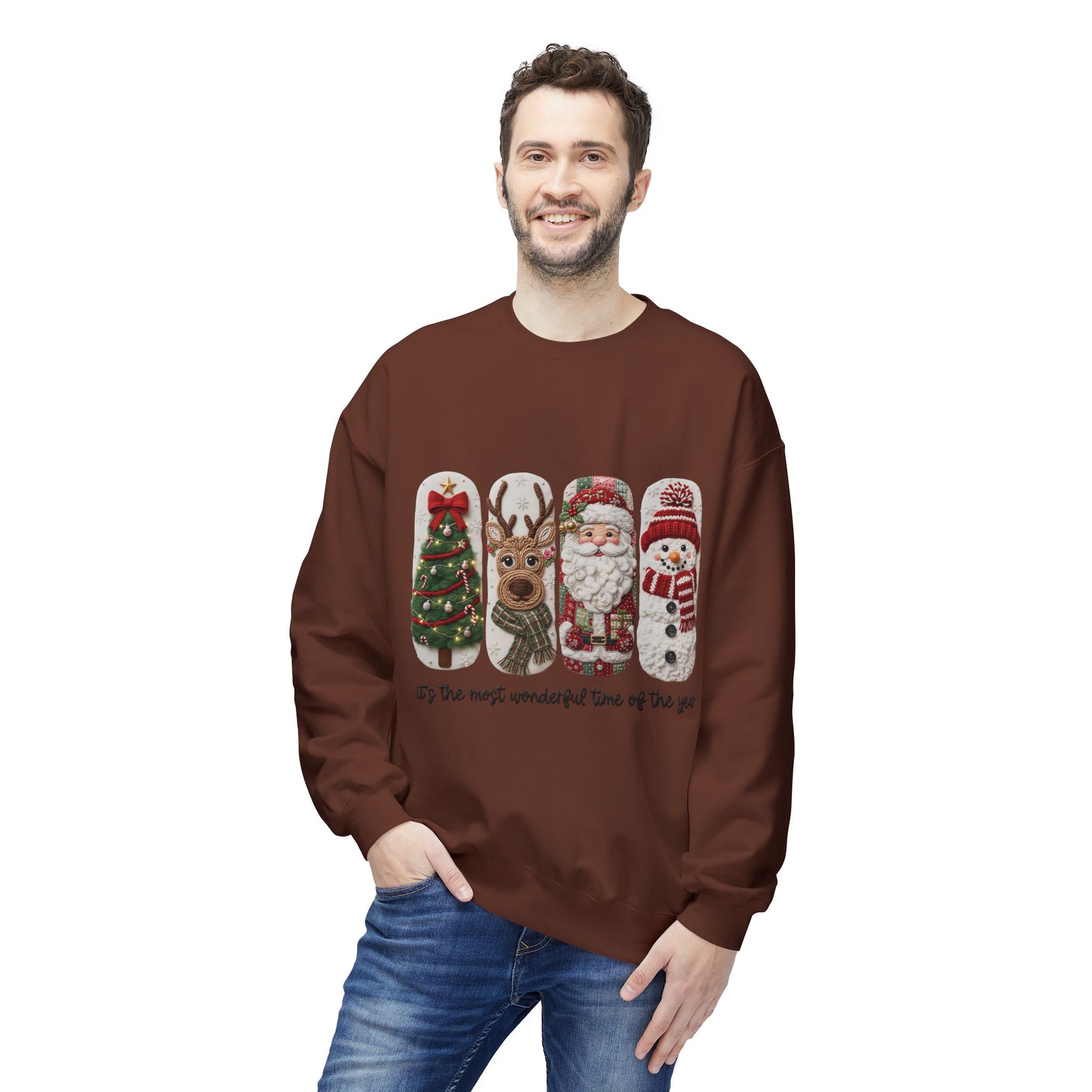 Christmas Crewneck Sweatshirt — Festive Tree Reindeer Santa Snowman Design Printify