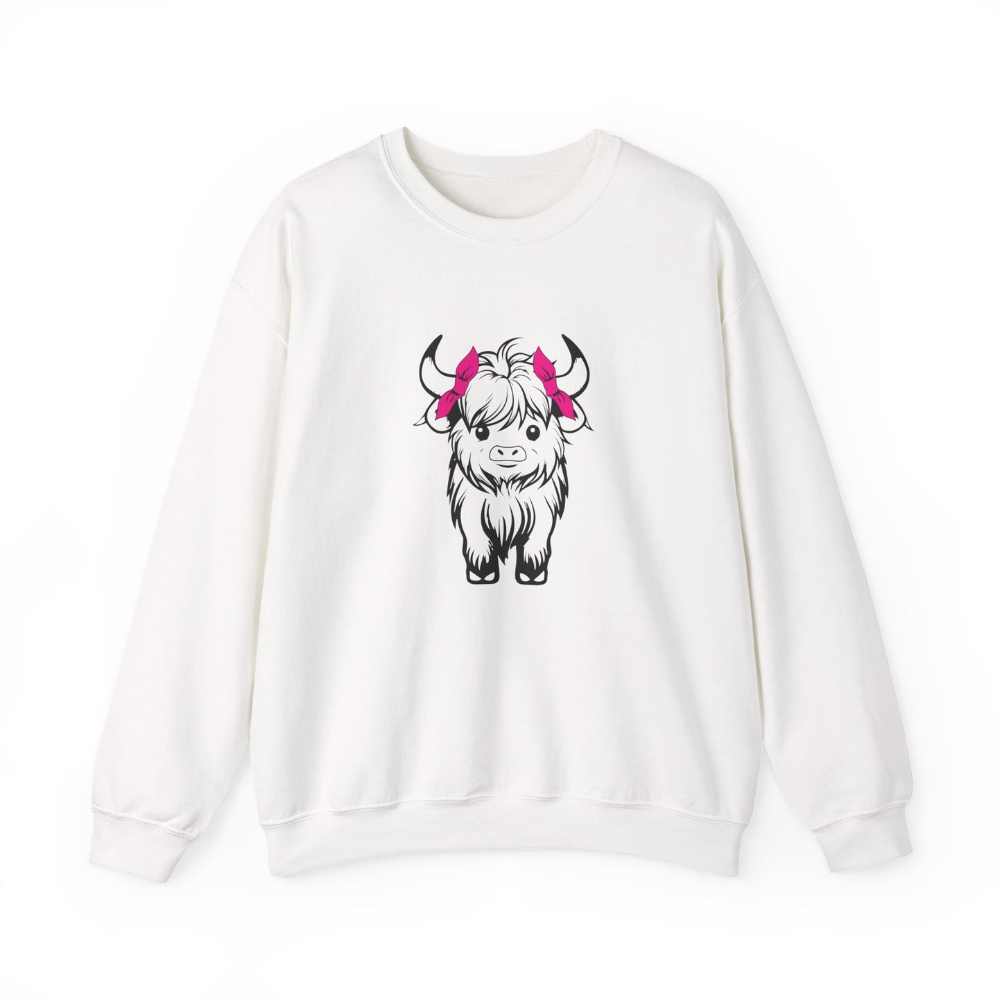 Highland Cow Crewneck Sweatshirt — Cute Yak Illustration with Pink Horns Printify