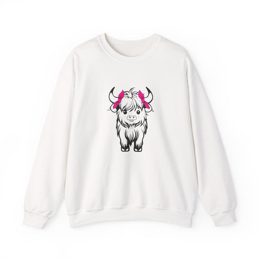Highland Cow Crewneck Sweatshirt — Cute Yak Illustration with Pink Horns Printify
