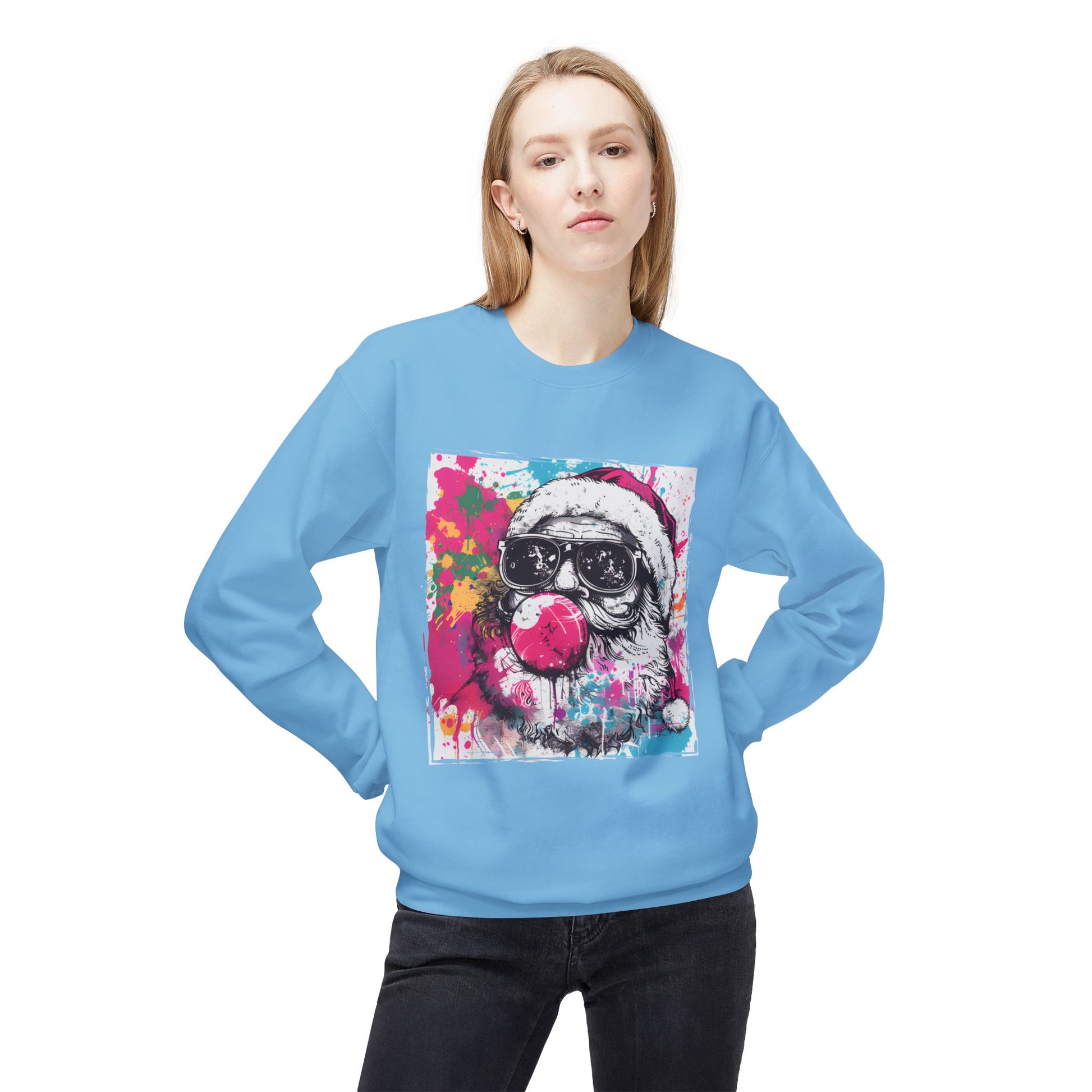 Skull Santa Bubblegum Sweatshirt – Colorful Holiday Graphic Crewneck Printify