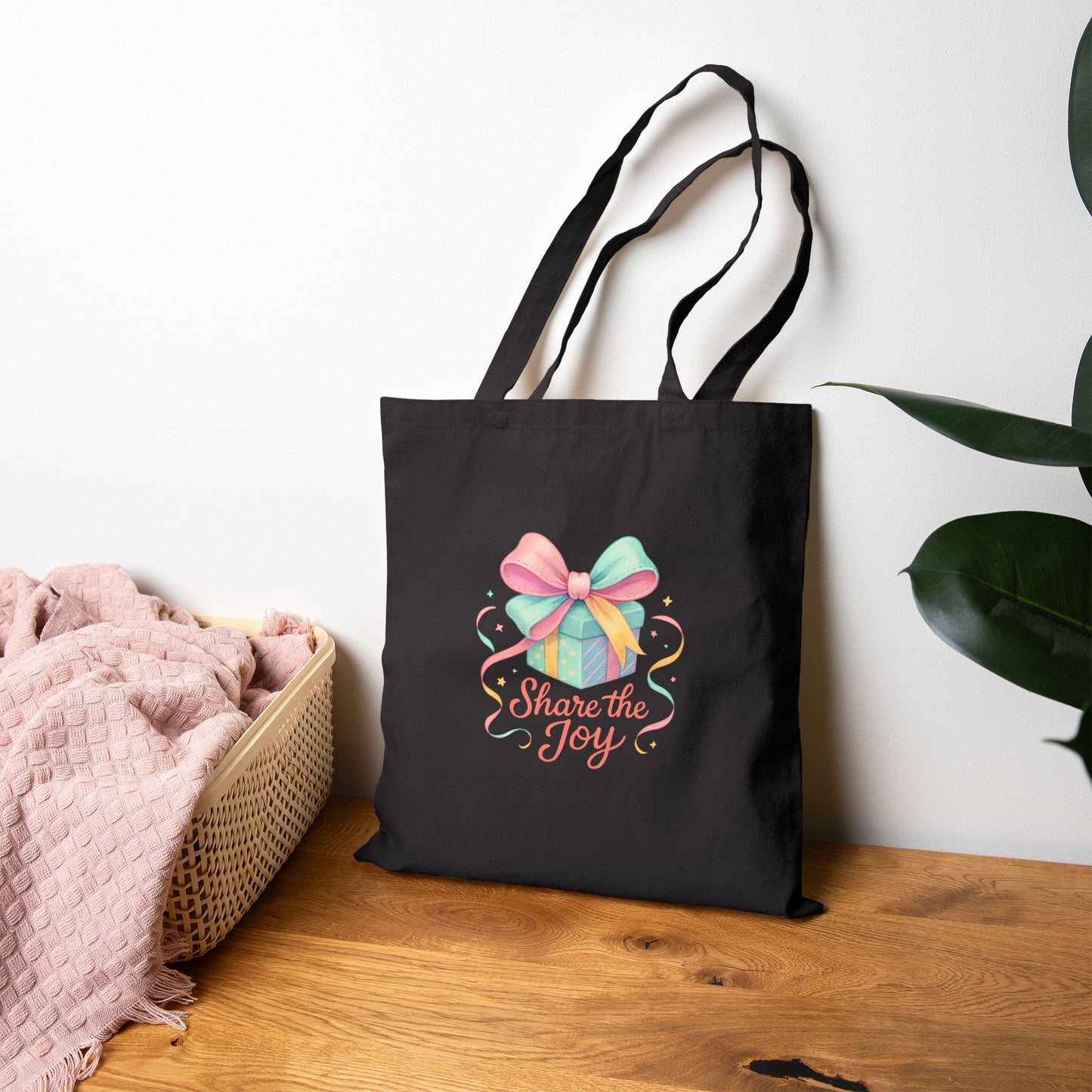 Share the Joy Tote Bag — Colorful Gift Bow Tote for Holiday & Gift Giving Printify