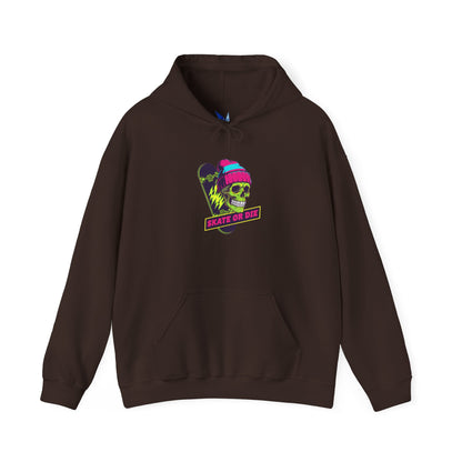 Skate or Die Skull Skateboard Hoodie — Neon Retro Skull Beanie Design Printify