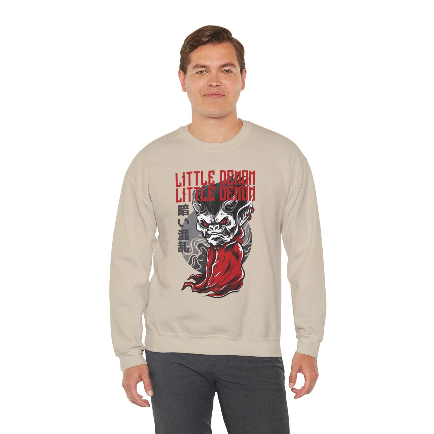 Little Demon Crewneck Sweatshirt — Gothic Oni Skull Pullover Printify